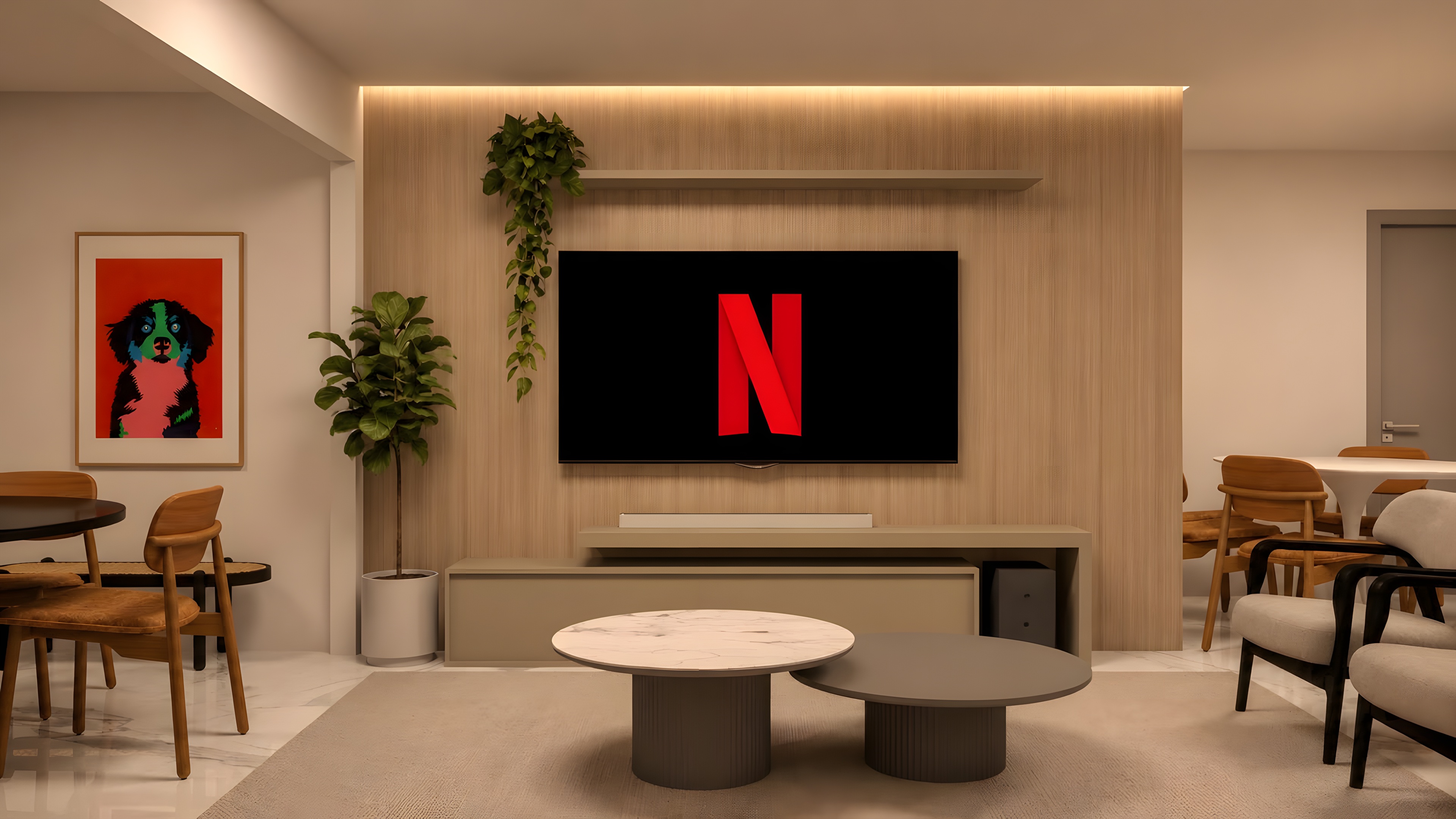 Painel de TV em madeira com prateleira, mesas de centro e poltronas
