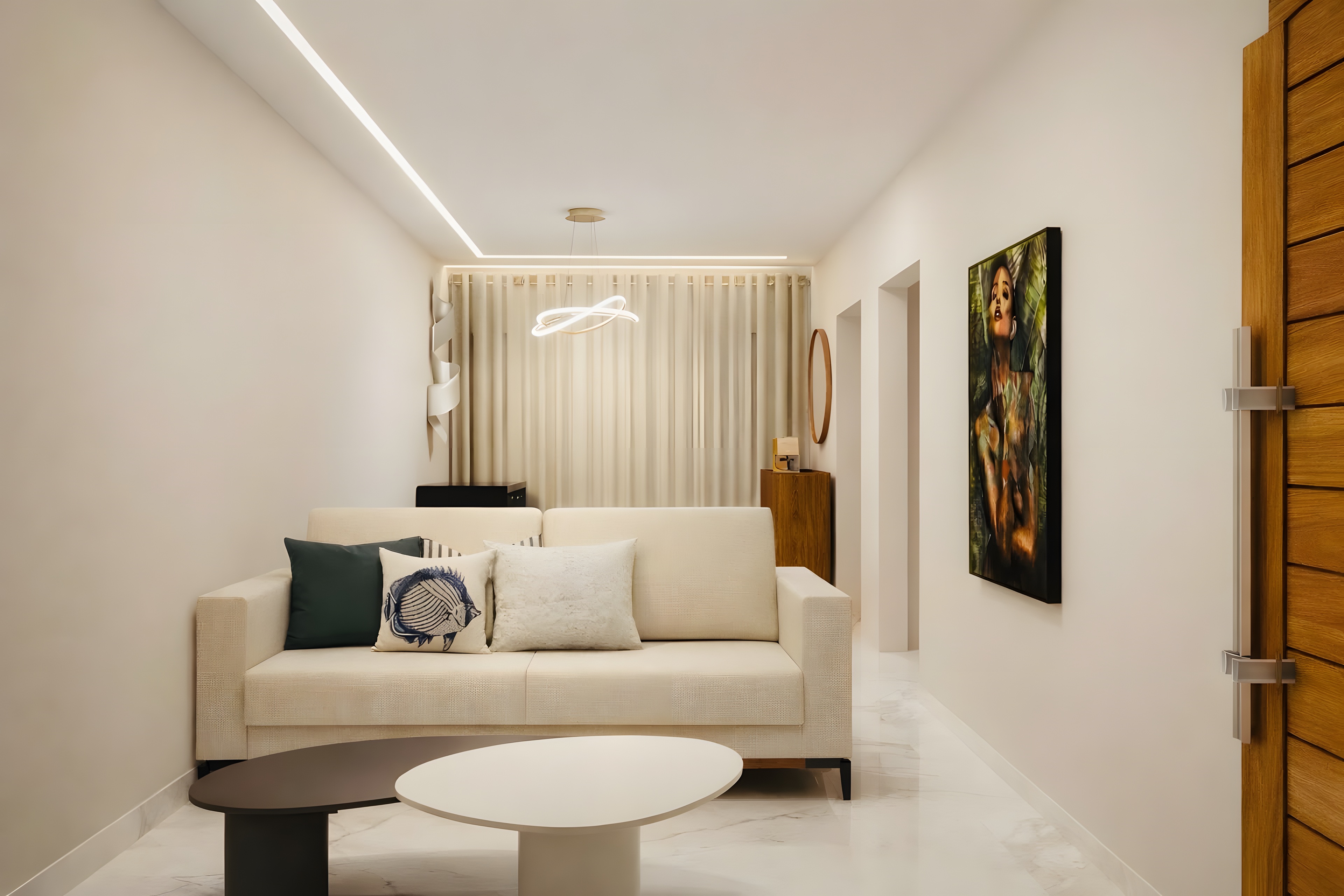 Estar com sofá claro, mesas de centro, sanca com luz linear e cortina