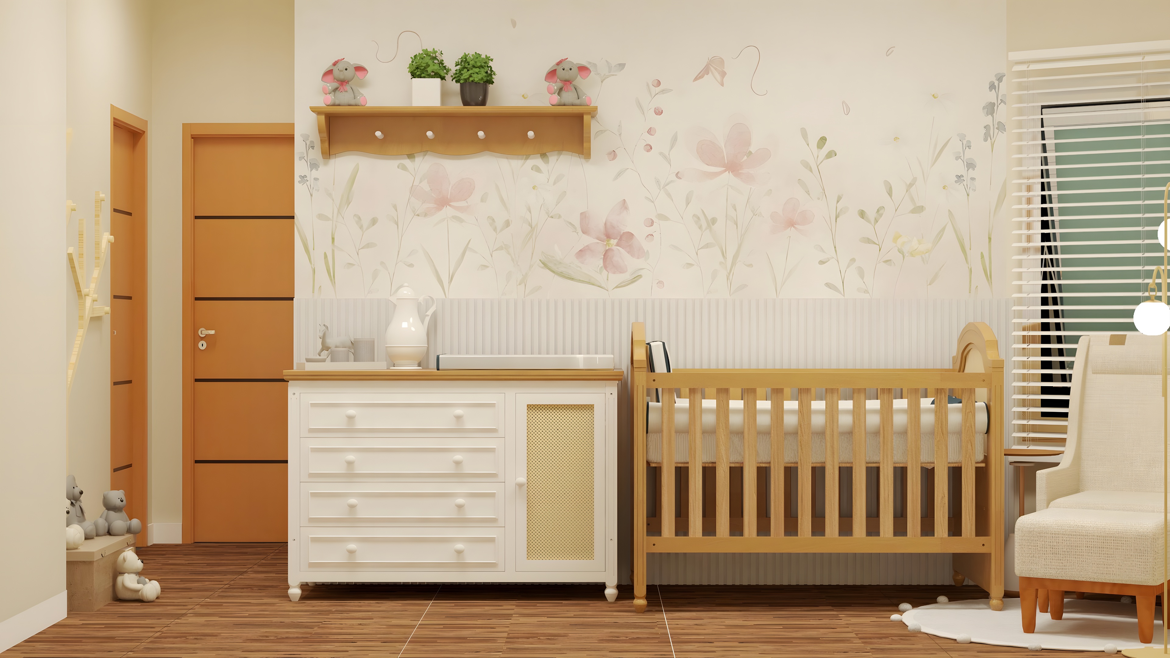 Quarto de bebê com papel de parede floral, cômoda branca, berço em madeira e poltrona